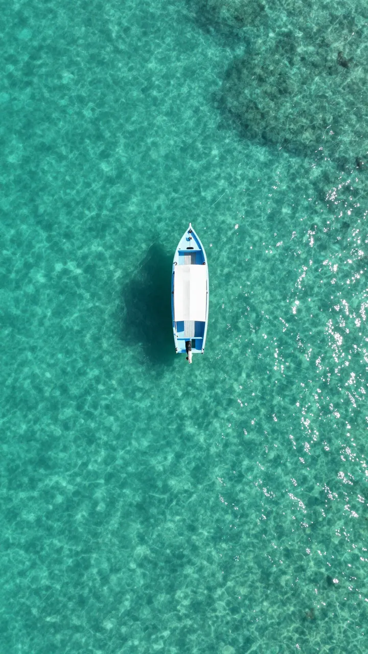 A small light blue and white boat floats centered in crystal clear turquoise lagoon water viewed from directly above