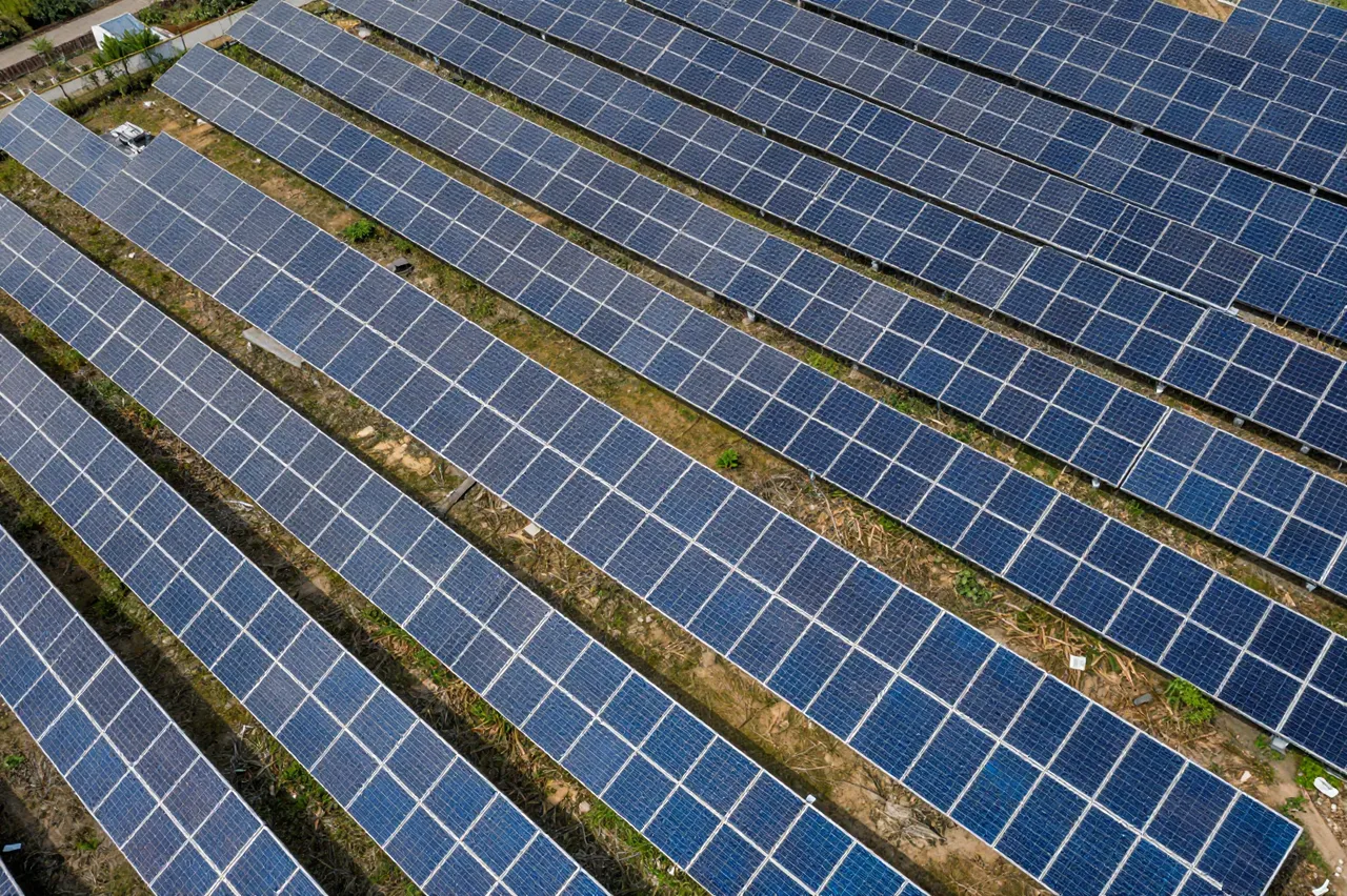 Top-down aerial view of parallel rows of solar panels following sloped hillside terrain
