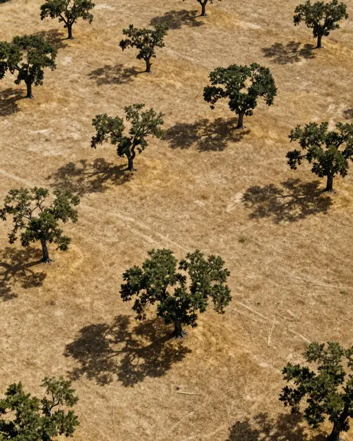 Aerial perspective of scattered green cork oaks casting long shadows across a dry golden summer pasture