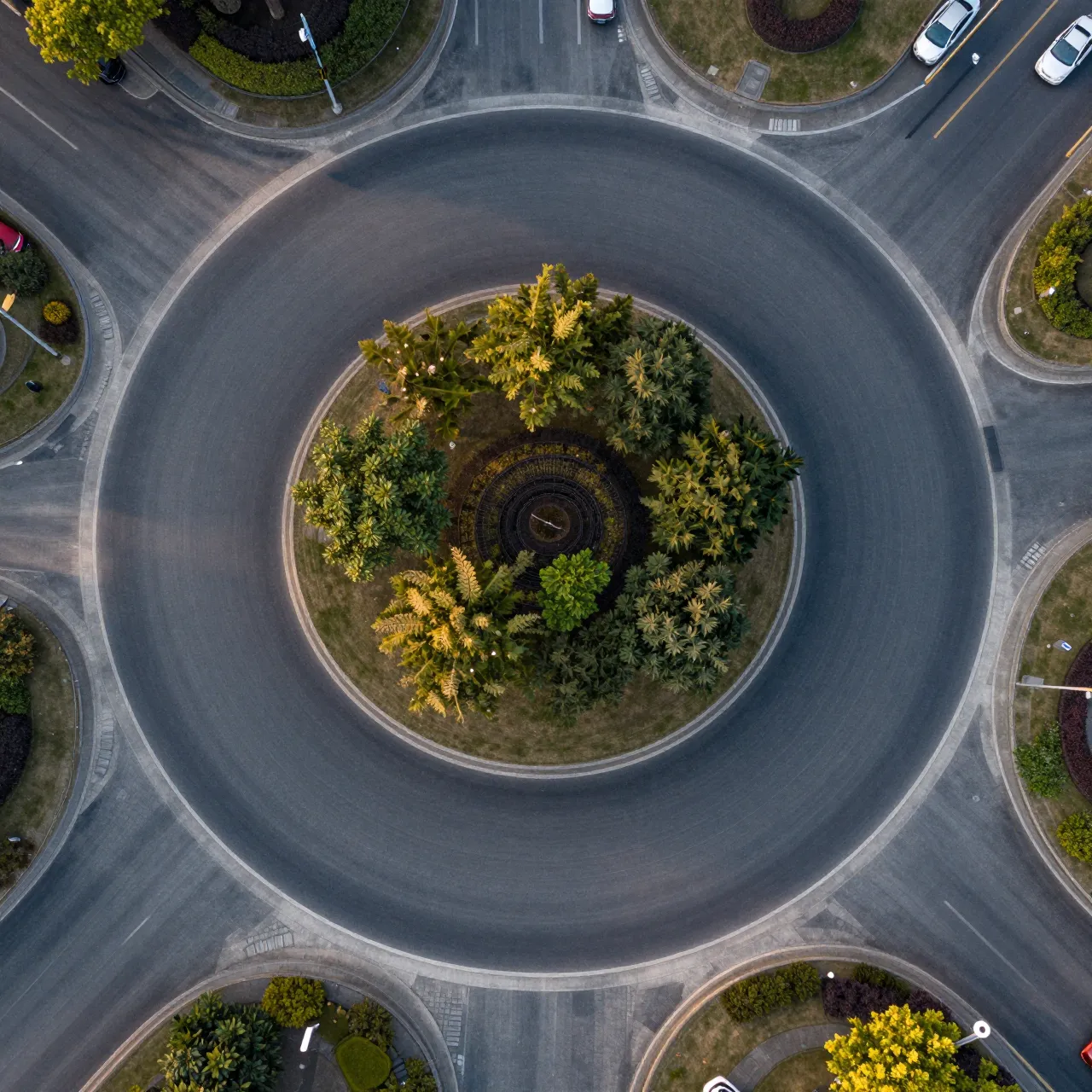 Top-down aerial view of a paved roundabout with a tree-filled center at dawn, with a few parked cars on approach roads.
