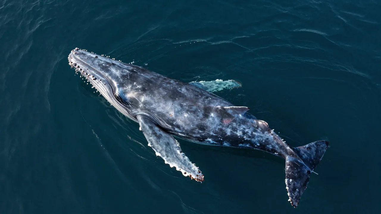 High angle aerial view of a large gray whale floating at the surface of dark blue open ocean.