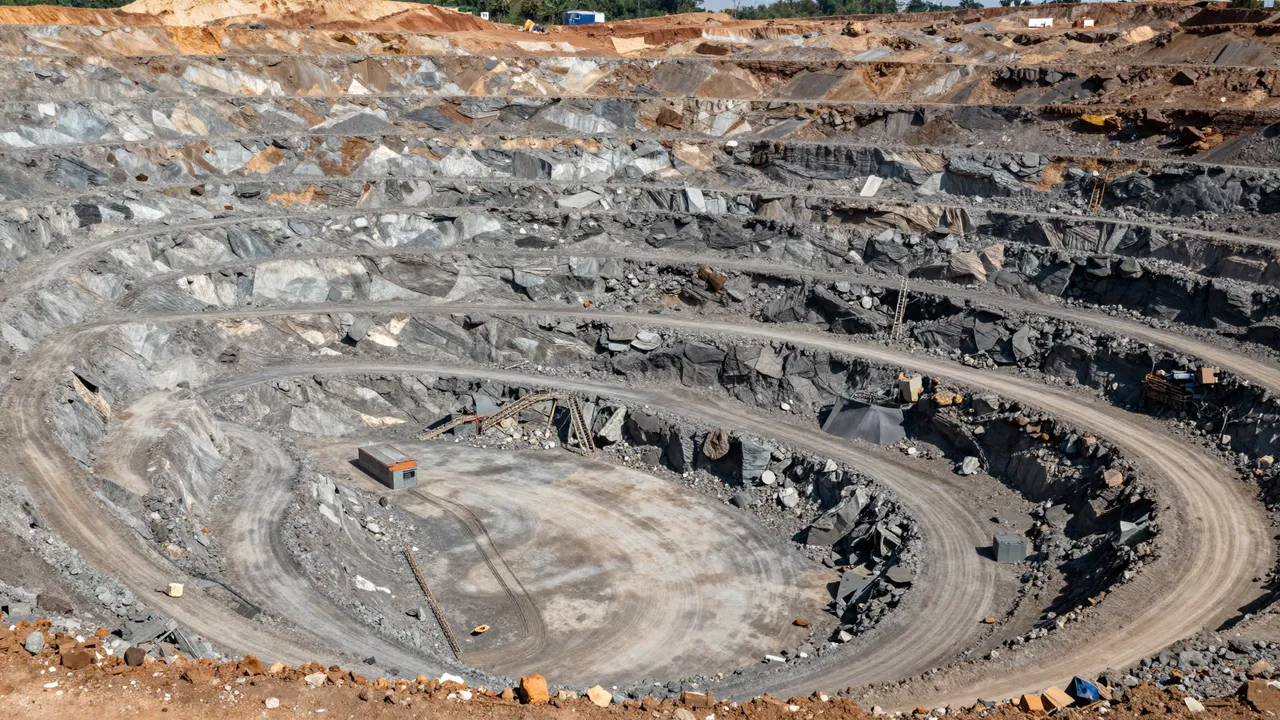 High-angle aerial view looking down into a large terraced open-pit mine with winding access roads