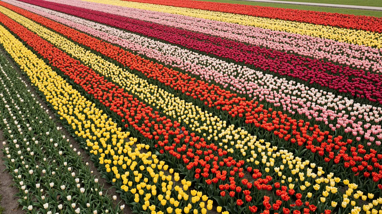 Aerial perspective of neatly arranged tulip fields in alternating colorful horizontal bands