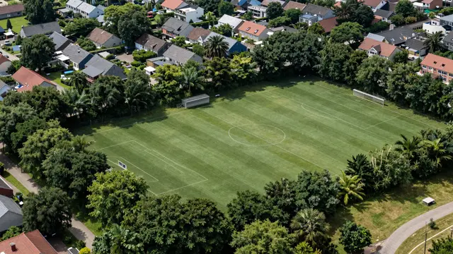 High angle aerial view of a grass soccer field bordered by trees next to a residential neighborhood