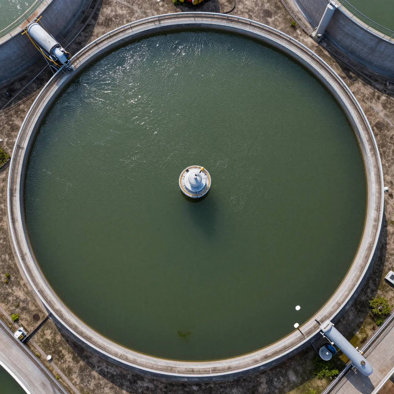Top-down aerial view of a large circular water treatment tank with rippling green water at an industrial facility