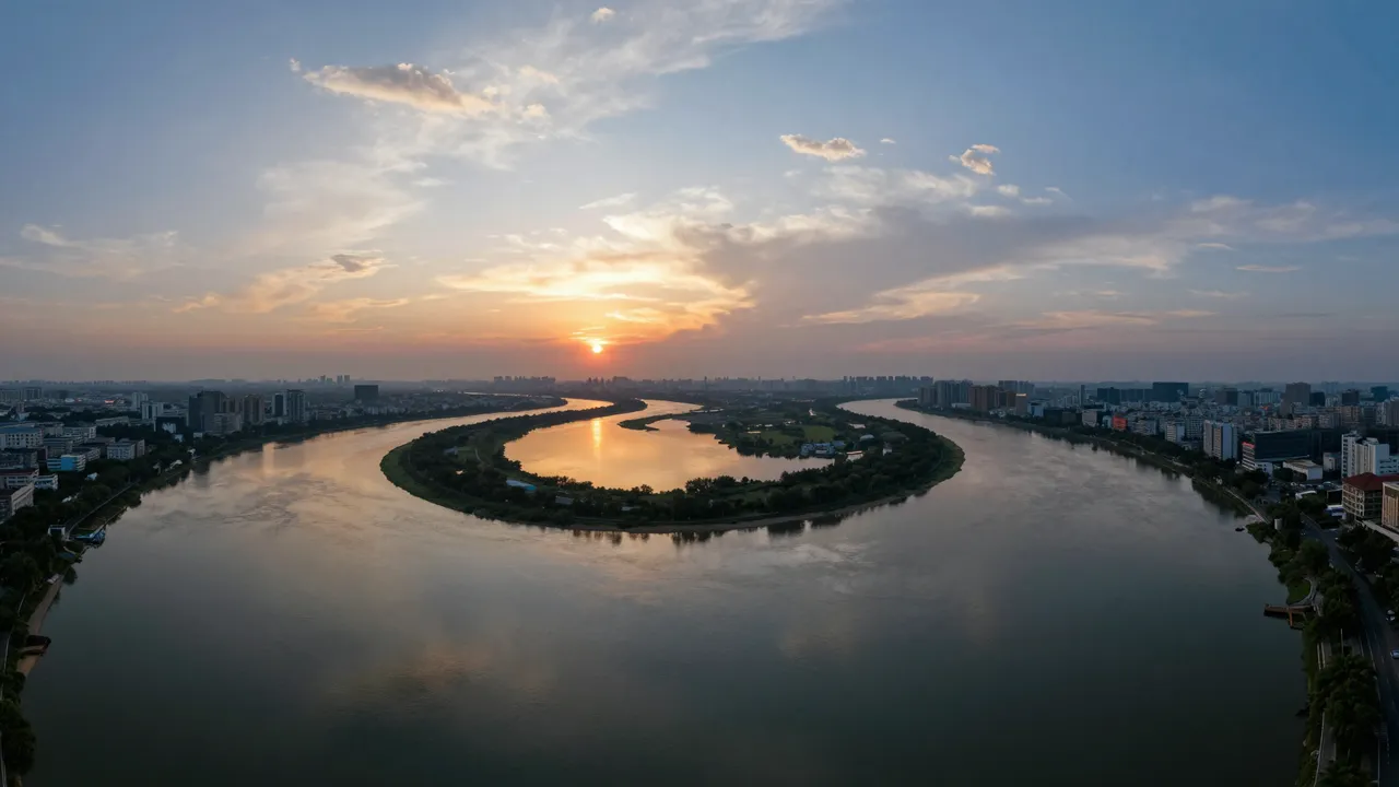 A high aerial view captures a winding meandering river reflecting warm sunset glow between city banks