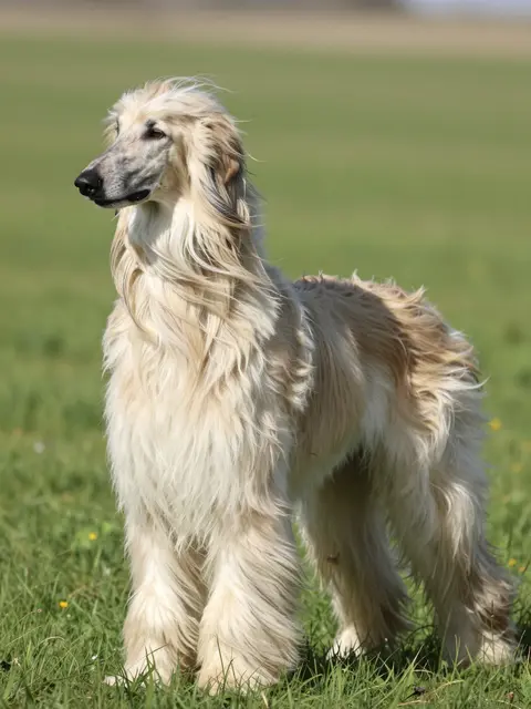 Long flowing cream coated Afghan Hound stands in profile view in a sunlit grassy meadow with windswept fur.