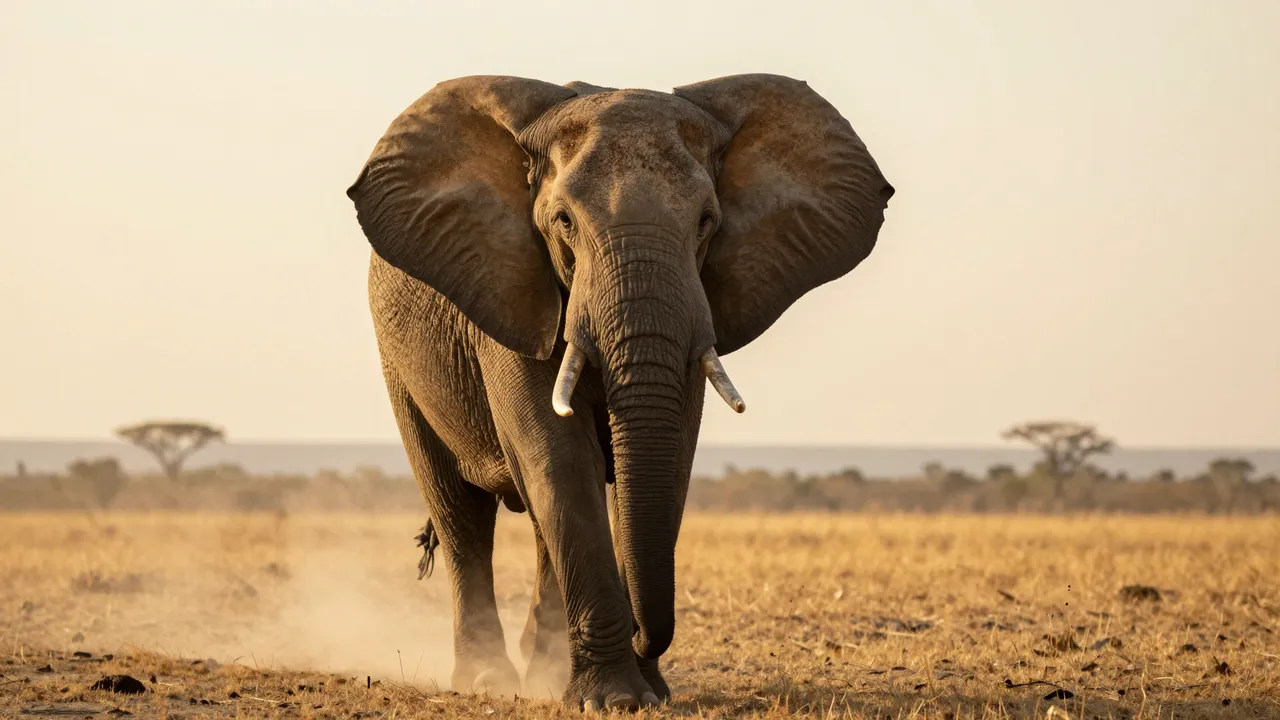 African elephant with spread ears walks toward the camera kicking up golden savanna dust at sunset