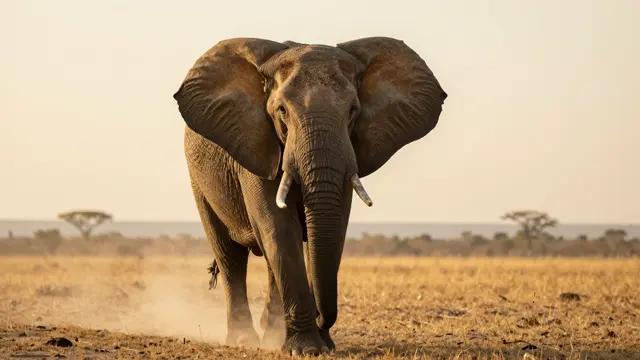 African elephant with spread ears walks toward the camera kicking up golden savanna dust at sunset