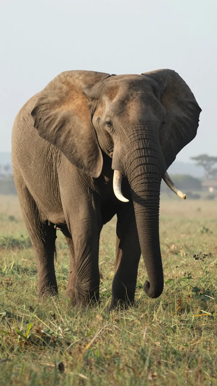 An African elephant with tusks stands in misty savanna grass at soft dawn light