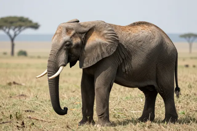 A dust-coated African elephant stands on open savanna grass with distant acacia trees
