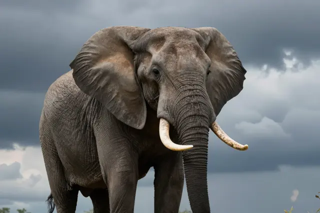 Large African elephant with prominent tusks stands beneath a heavy dark storm cloud sky
