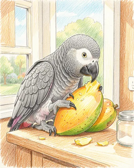 Colored pencil drawing of a cute grey parrot eating ripe mango on a sunny kitchen windowsill.