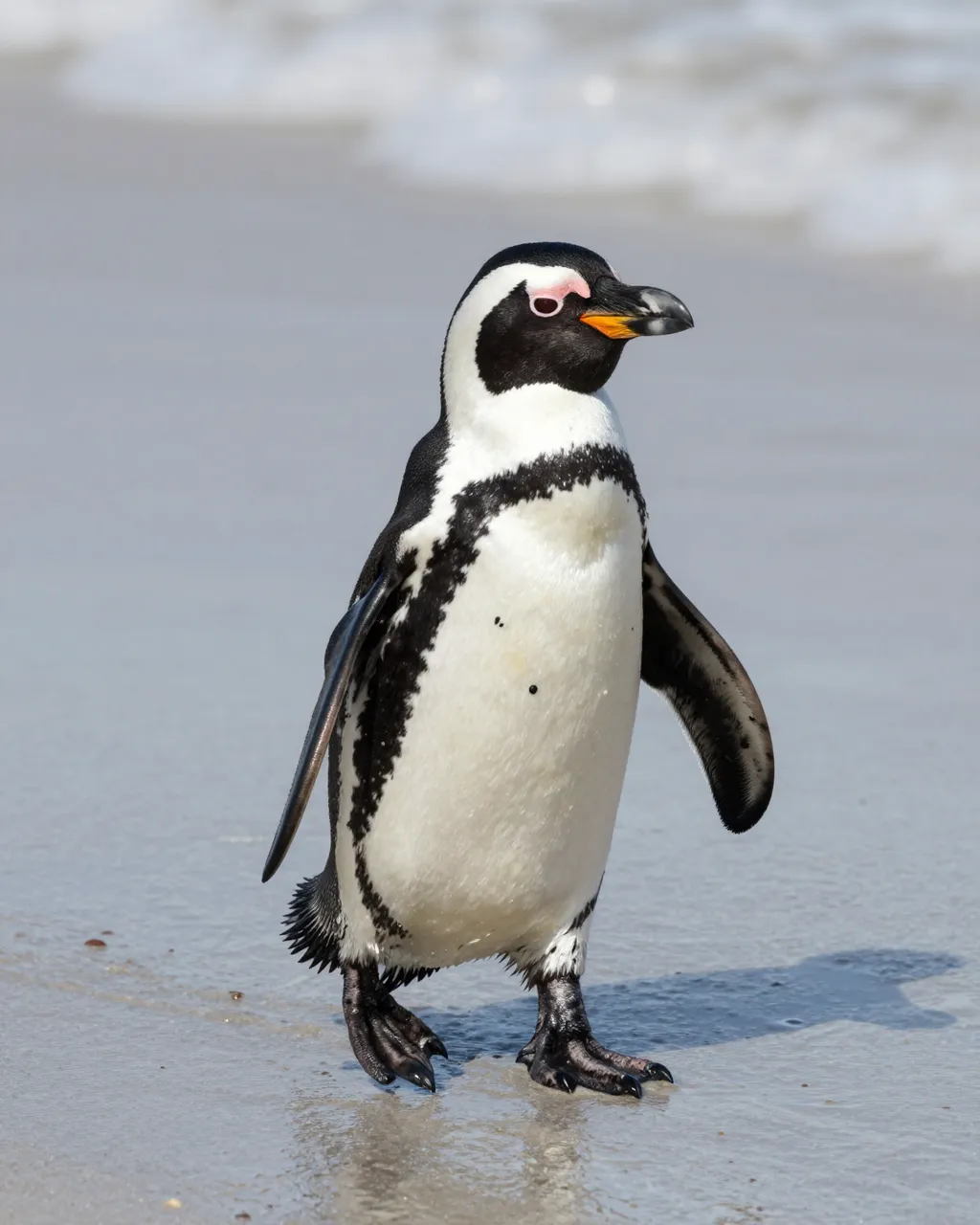 An African penguin stands on wet sandy beach near gentle surf under bright daylight.