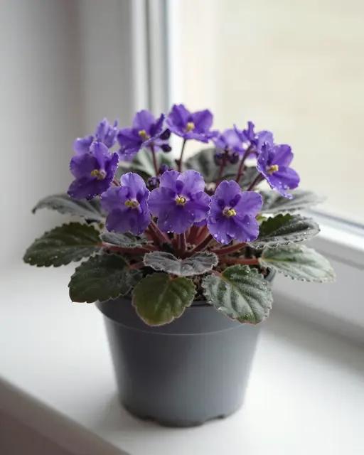 Potted purple African violet with dewy leaves sits on a bright indoor windowsill next to a window