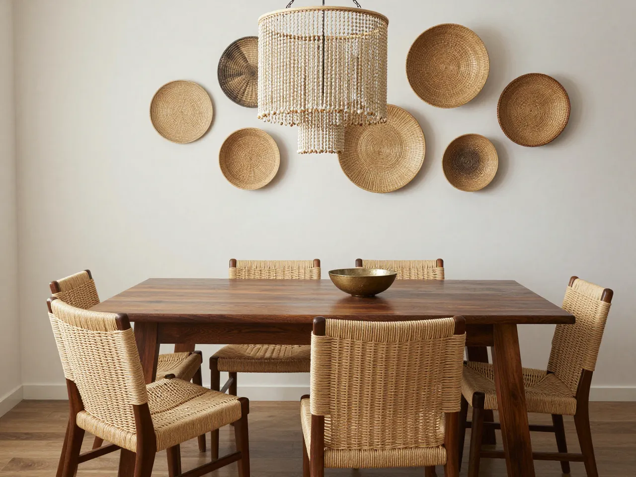 Stylish dining room with dark wood table, woven chairs, beaded chandelier and wall mounted woven baskets