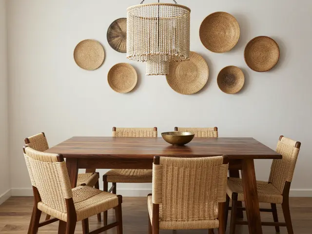 Stylish dining room with dark wood table, woven chairs, beaded chandelier and wall mounted woven baskets