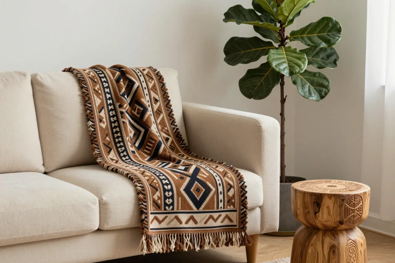 A cream sofa draped with a geometric mudcloth throw sits next to a carved wooden stool and fiddle-leaf fig plant