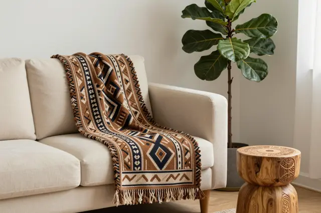 A cream sofa draped with a geometric mudcloth throw sits next to a carved wooden stool and fiddle-leaf fig plant