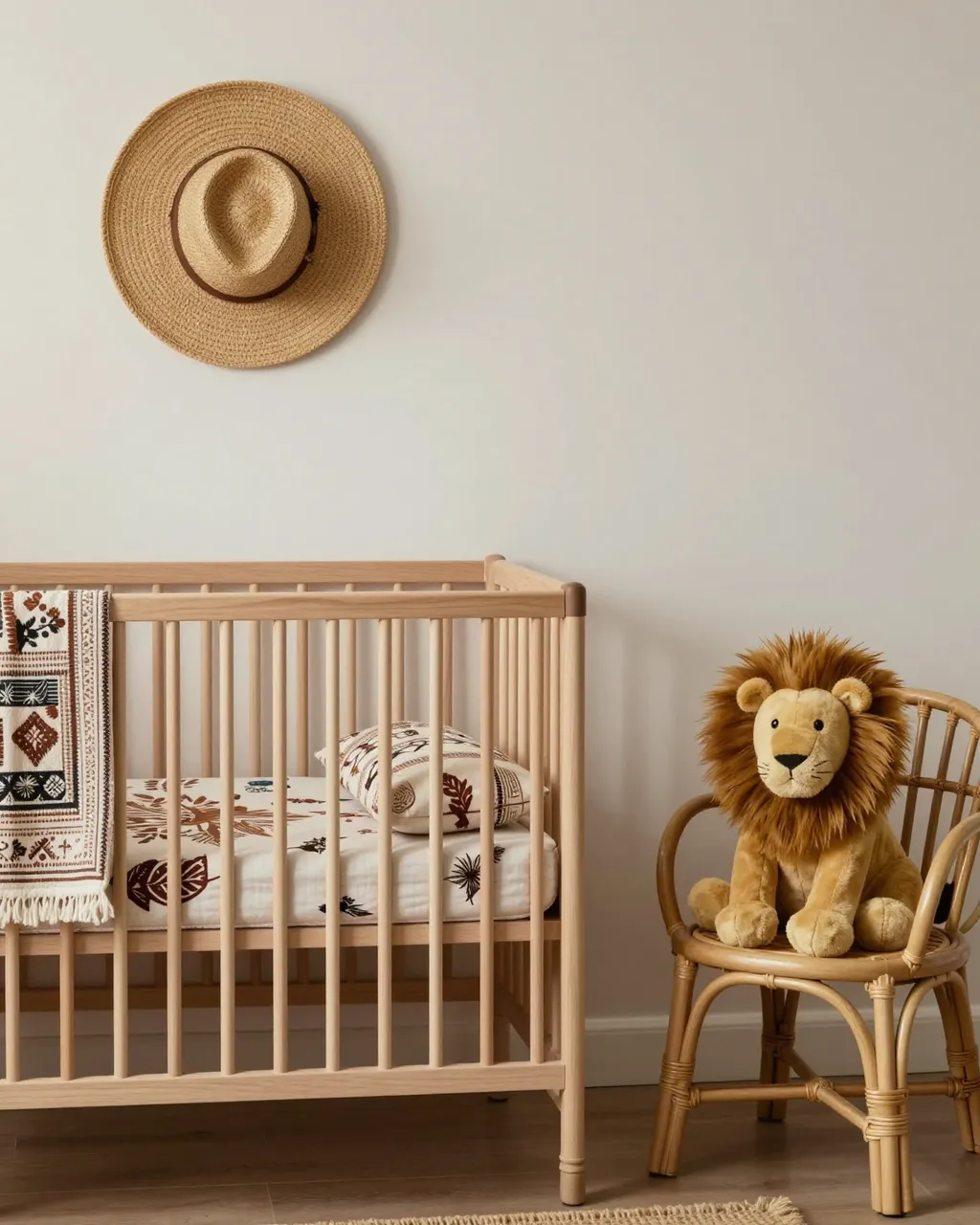 A minimalist boho nursery with wooden crib, woven wall hat, and plush lion on a rattan chair