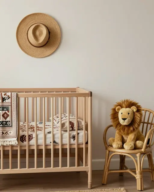 A minimalist boho nursery with wooden crib, woven wall hat, and plush lion on a rattan chair