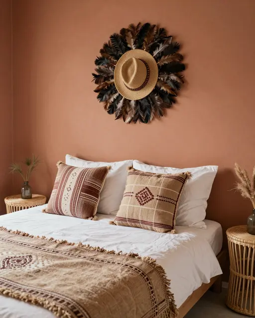 Stylish bohemian bedroom with terracotta walls, patterned pillows, rattan side tables and feather wall decor above the bed