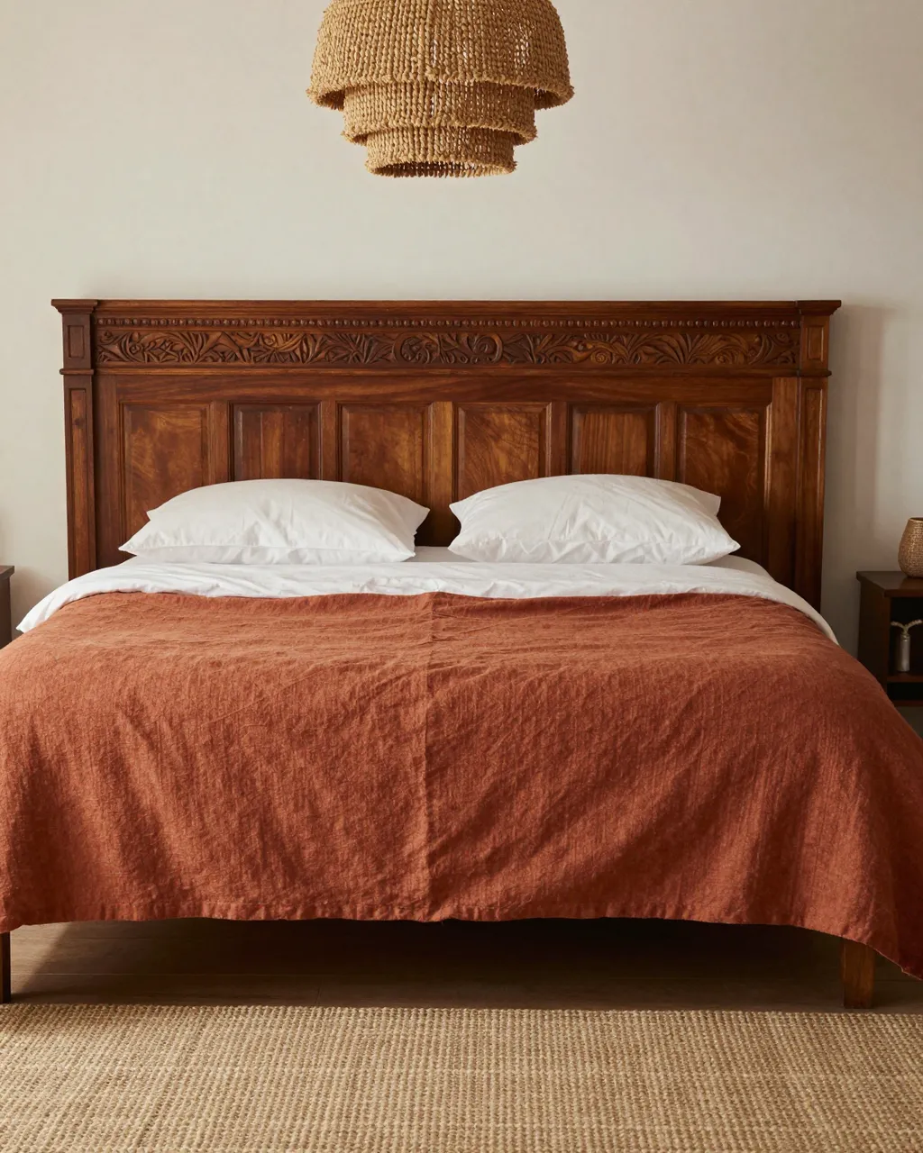 Warm minimalist bedroom with carved wooden headboard, rust linen bedding, and woven pendant light