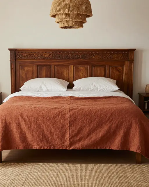 Warm minimalist bedroom with carved wooden headboard, rust linen bedding, and woven pendant light