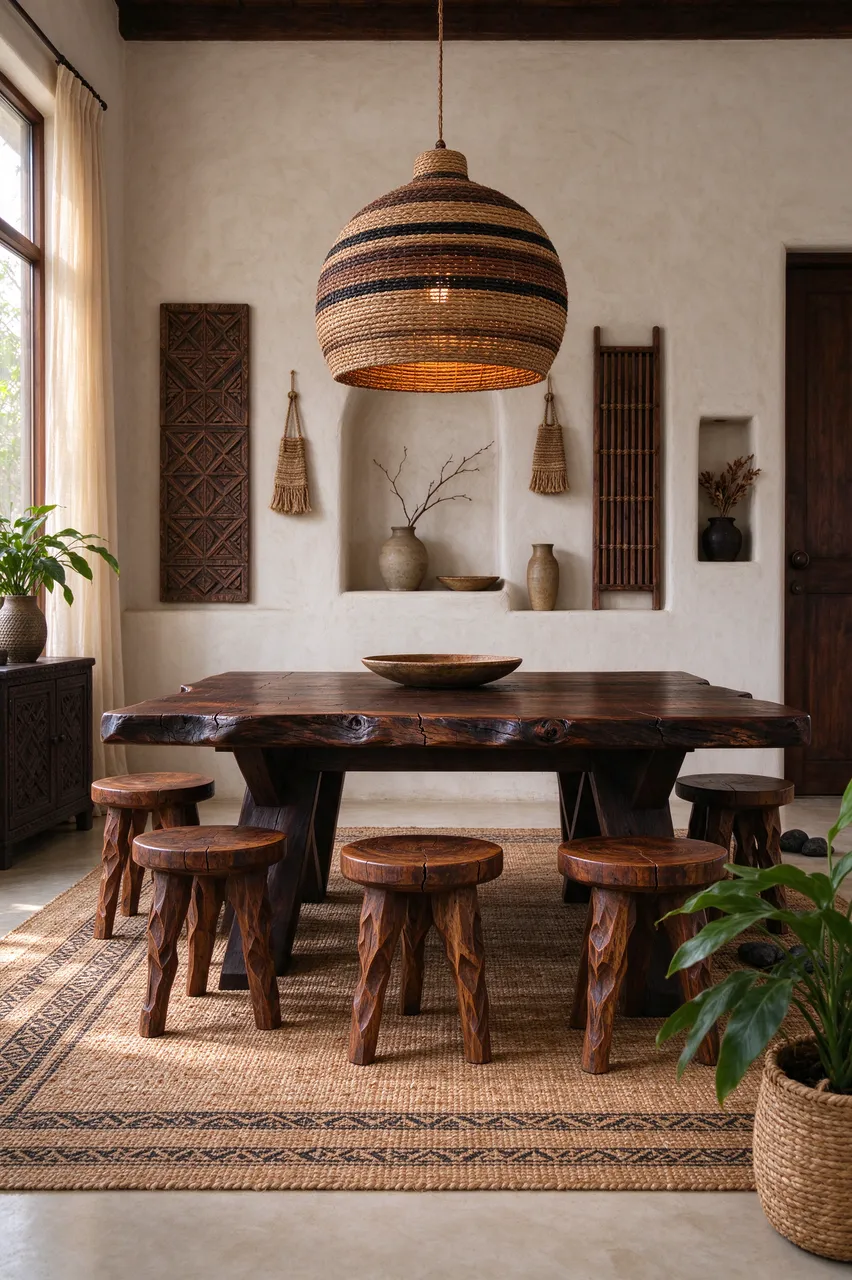 Empty warm afrohemian dining room with live edge table, carved stools, woven pendant and jute rug
