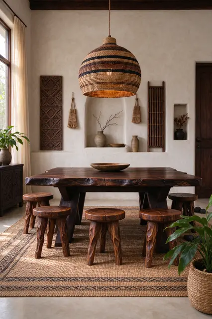 Empty warm afrohemian dining room with live edge table, carved stools, woven pendant and jute rug