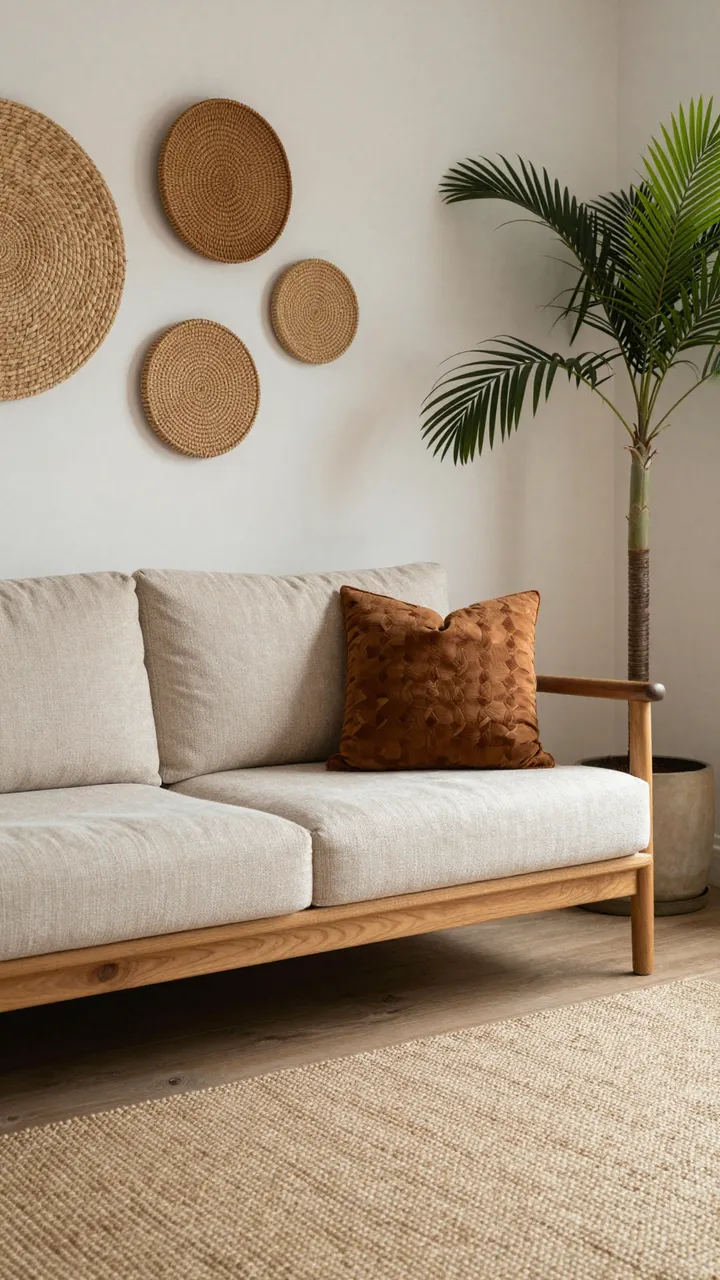 Cozy neutral living room with a wooden sofa, woven wall baskets, sisal rug and potted palm plant