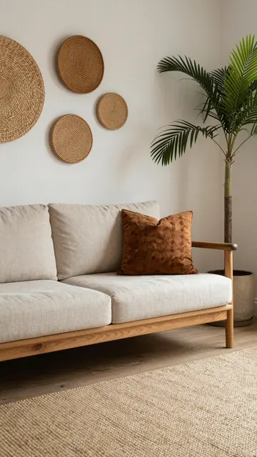 Cozy neutral living room with a wooden sofa, woven wall baskets, sisal rug and potted palm plant