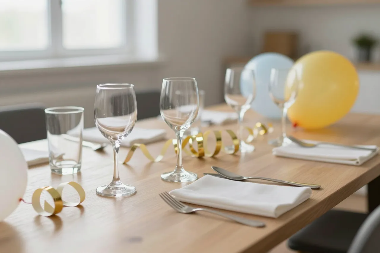 Wooden dining table with empty glasses, party streamers, and balloons in soft morning daylight