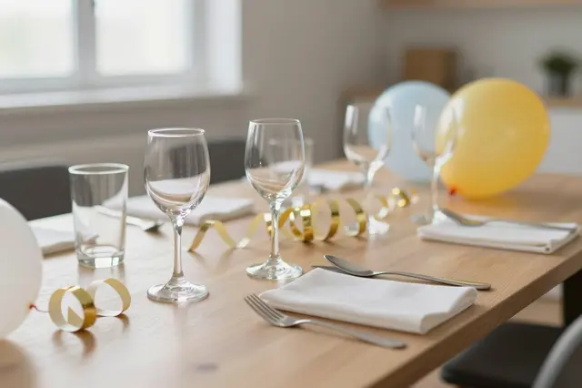 Wooden dining table with empty glasses, party streamers, and balloons in soft morning daylight