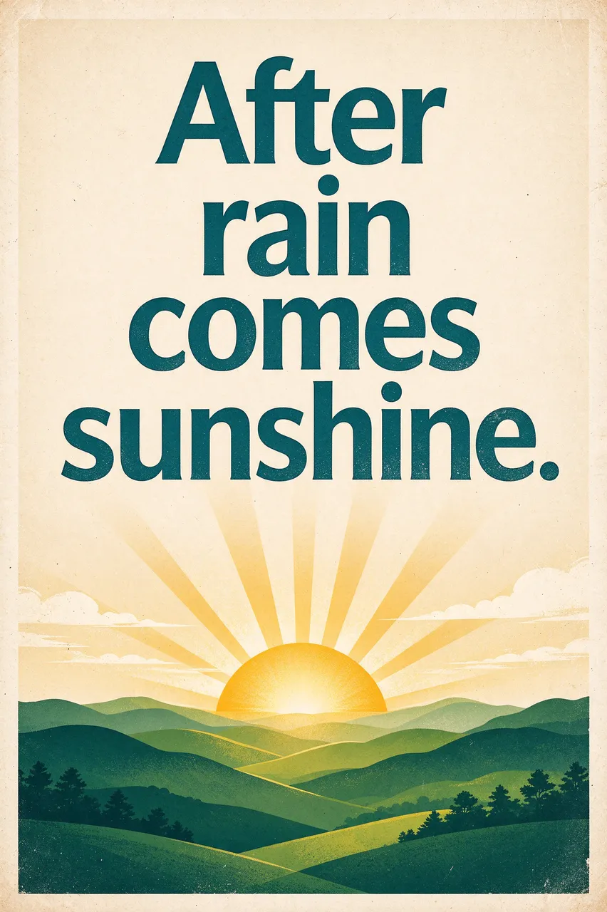 Vintage travel poster with bold text reading "After rain comes sunshine." above a sunrise over rolling green hills.