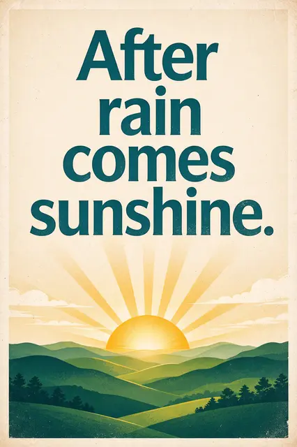 Vintage travel poster with bold text reading "After rain comes sunshine." above a sunrise over rolling green hills.