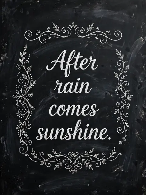 White chalk lettering of the quote "After rain comes sunshine." framed by ornate flourishes on a dark chalkboard