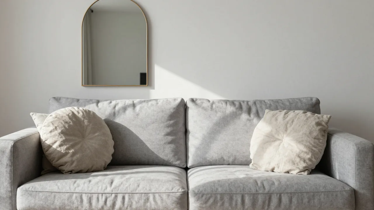 Light gray sofa with linen cushions sits below an arched wall mirror in soft afternoon sunlight