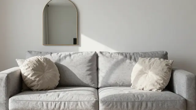 Light gray sofa with linen cushions sits below an arched wall mirror in soft afternoon sunlight