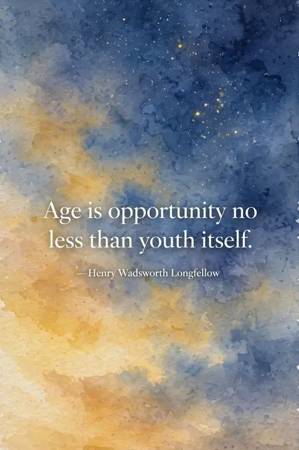 Watercolor evening sky gradient with first stars overlaid with the quote "Age is opportunity no less than youth itself."