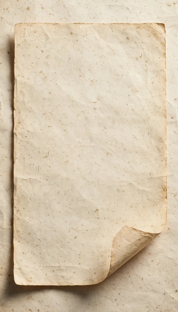Vertical blank aged ivory paper with one curled bottom right corner resting on a matching textured old paper surface