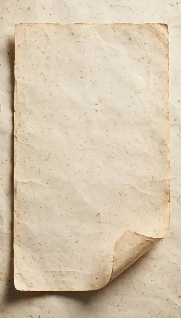 Vertical blank aged ivory paper with one curled bottom right corner resting on a matching textured old paper surface