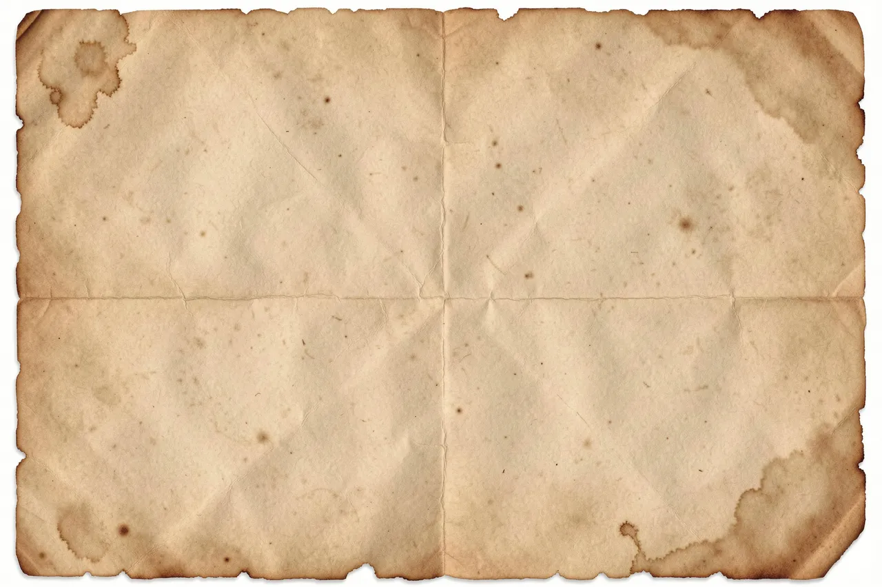 Full frame view of worn old parchment paper with stained burnt edges and crease marks