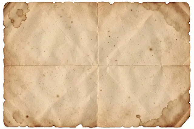 Full frame view of worn old parchment paper with stained burnt edges and crease marks