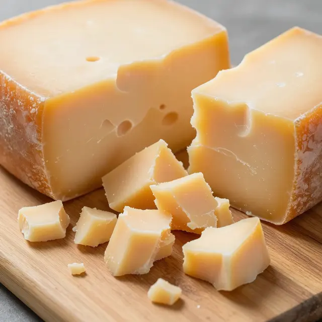 Broken chunks of pale golden aged cheese rest scattered on a light wooden cutting board