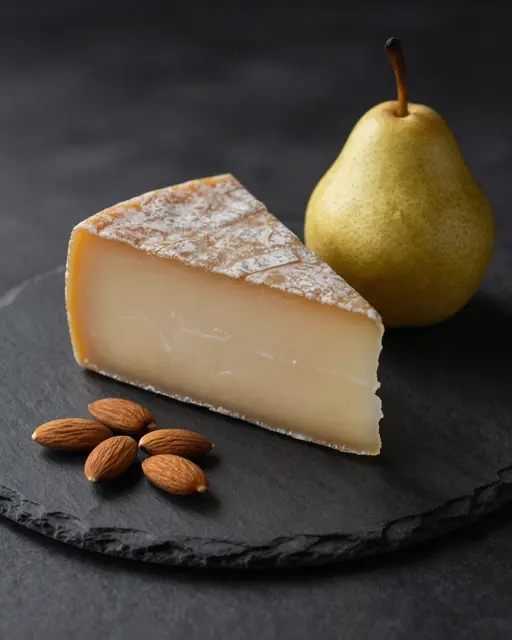 A wedge of aged cheese, whole pear, and almonds arranged on a dark slate slab against a dark background