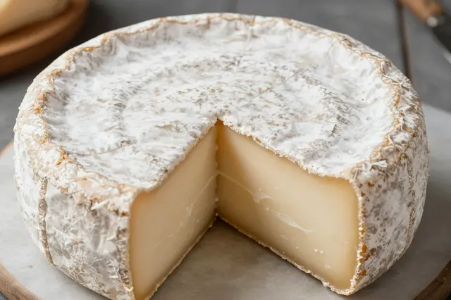 Round aged soft cheese wheel with a wedge portion removed, resting on parchment lined wood board