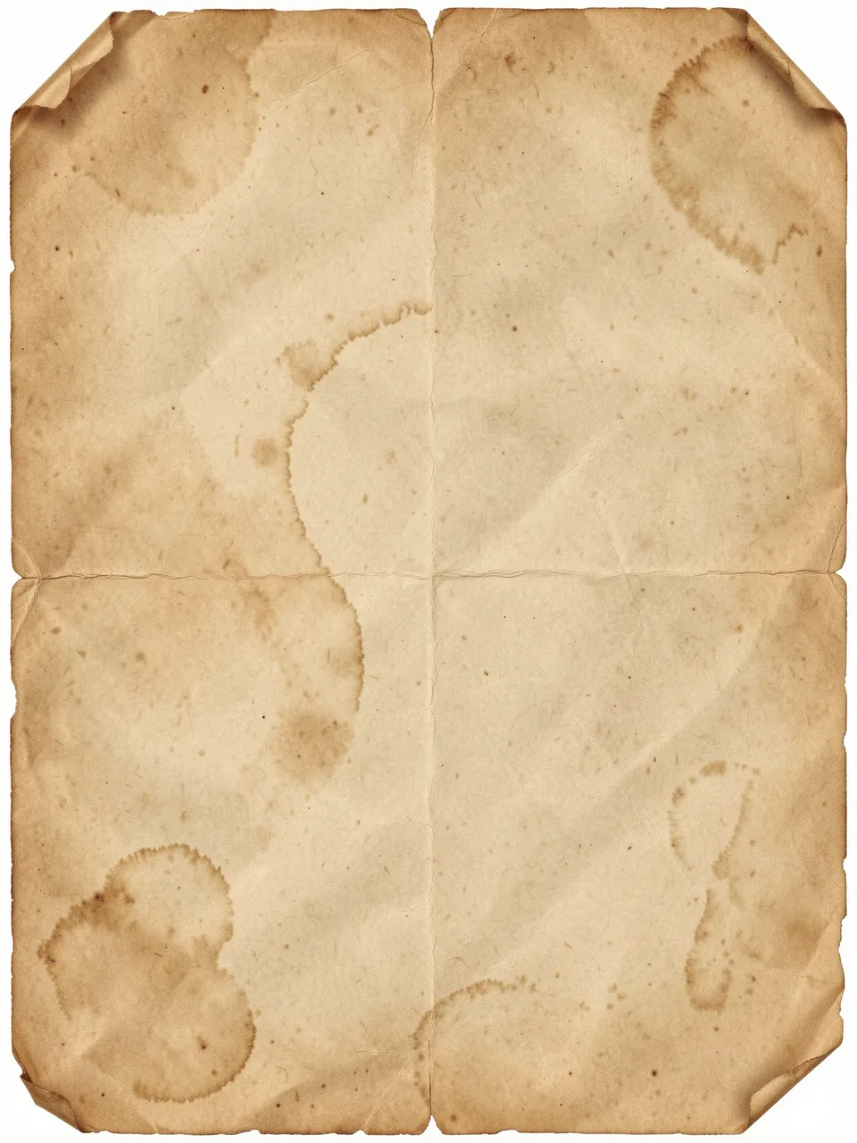 Creased sepia aged parchment paper with faint coffee ring stains and folded corners