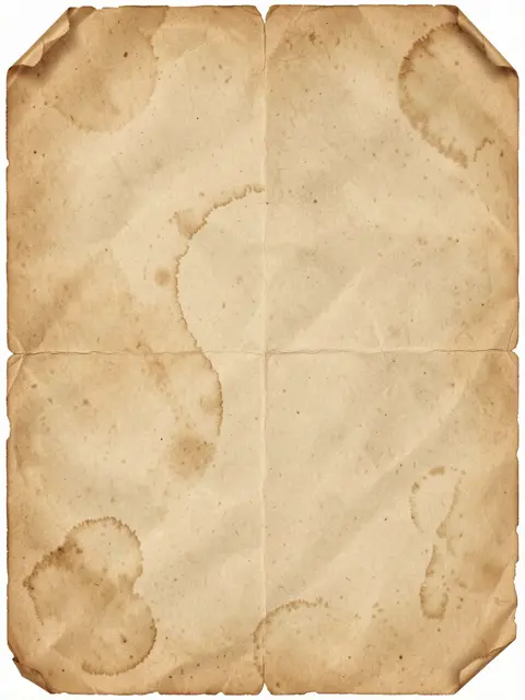 Creased sepia aged parchment paper with faint coffee ring stains and folded corners