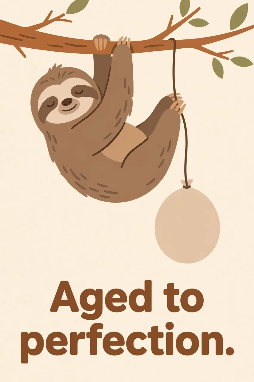 A flat illustration of a happy sloth hanging from a tree branch holding a balloon above the text "Aged to perfection." on a